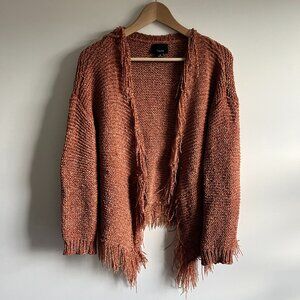 Lumière Cardigan Sweater Open Front Fringe Hem Knit Rust Orange Size M